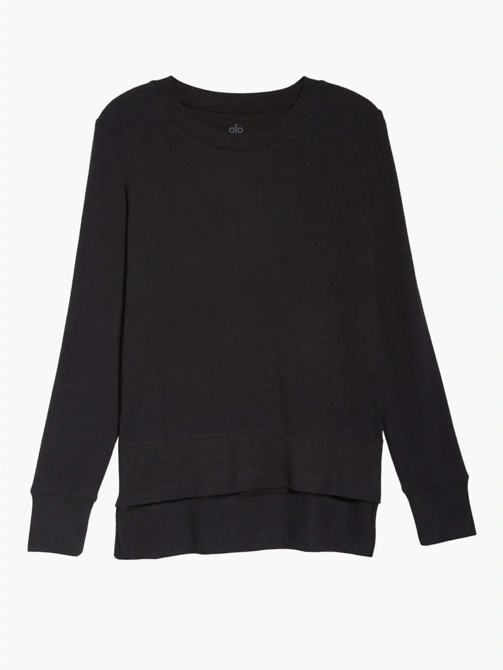 Alo Yoga Glimpse Long Sleeve Top Black High Low Hem Crewneck Activewear